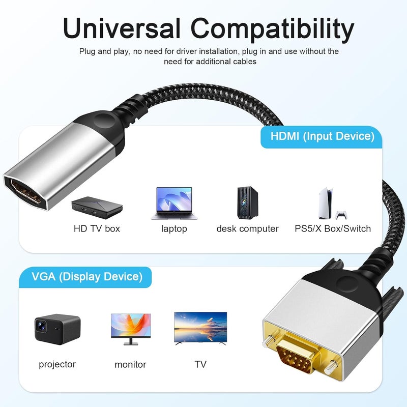 PASOW HDMI to VGA Adapter Cable 8 inch Uni-Directional Only,Gold-Plated 1080p@60Hz HDMI Female to VGA Male Braided Cord for PC,Laptop,Monitor,HDTV, Roku, Xbox, PS5 - Image 5